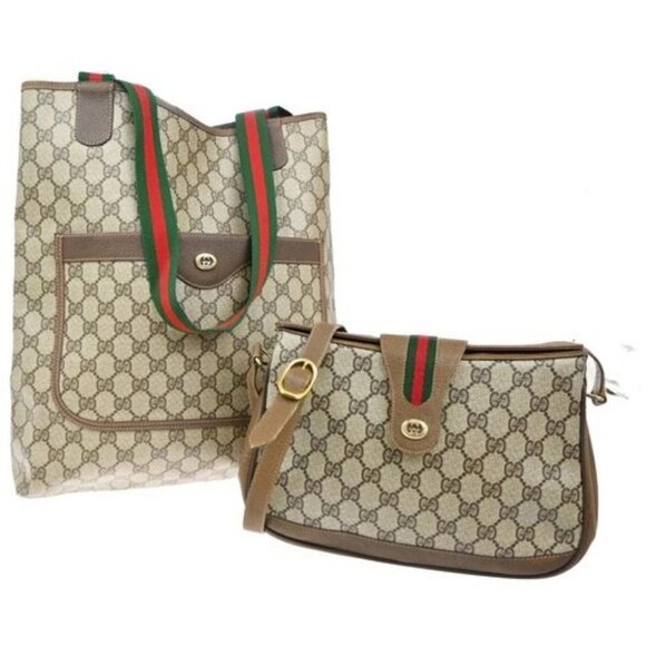 Gucci Handbags - GUCCI Logo Sherry GG Pattern 2set Hand Bag PVC Leather Brown Italy 86TA227